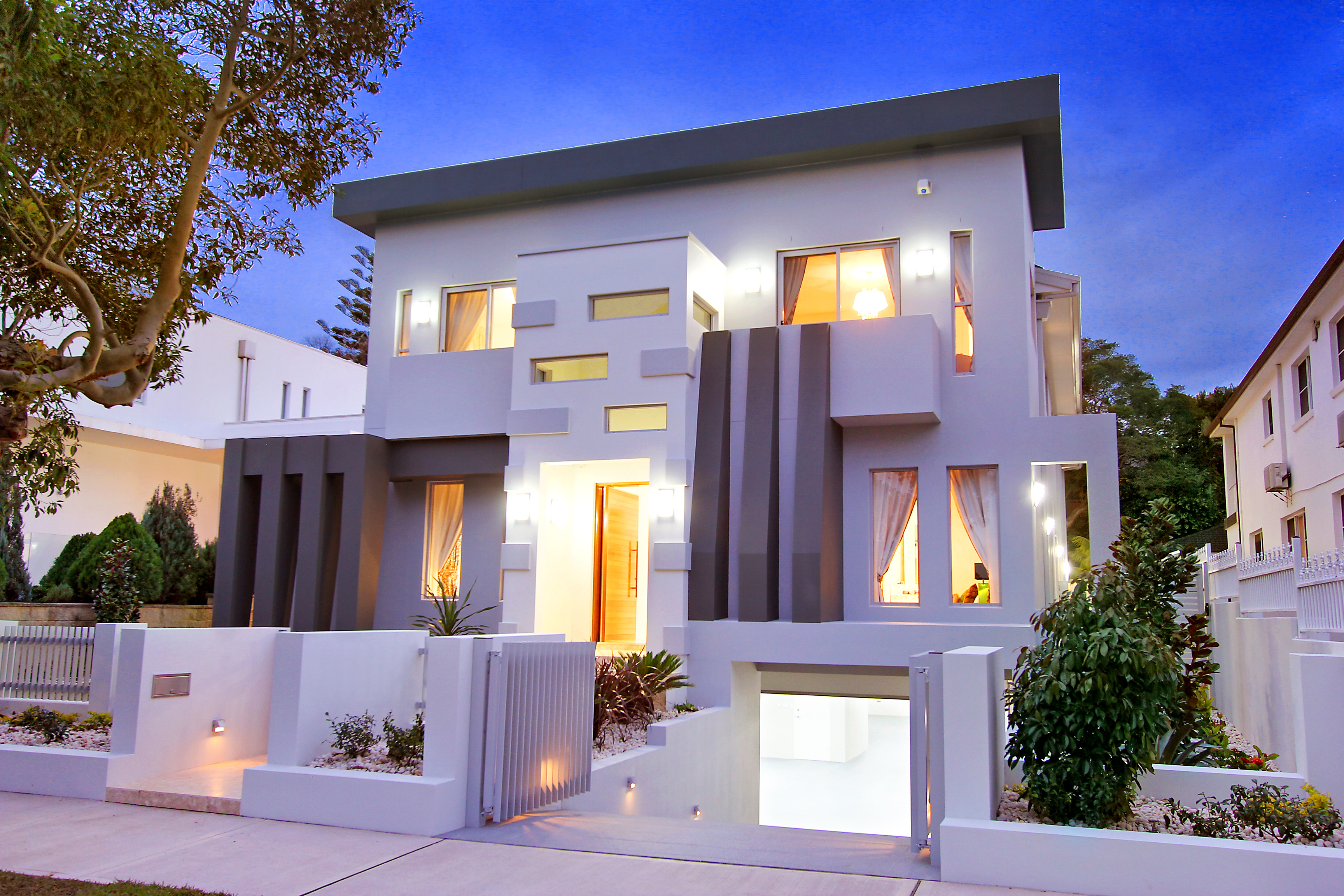 Mount Street, Strathfield, prestige residence exterior at dusk by Micris Design.